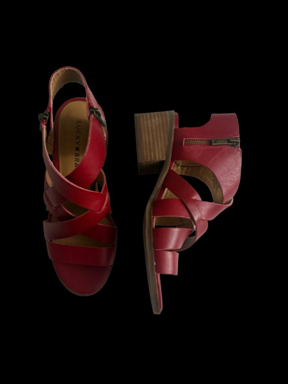 LUCKY BRAND Rich Garnet Red Leather Strappy Sandals Block Heel Size US 5M /EU 35 - Picture 4 of 15